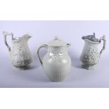 A mid 19th century W Ridgway green painted pottery jug, moulded with knights jousting, another