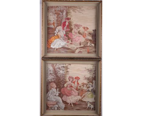 A pair of jacquard woven panels, figures in 18th century costume, 12" x 11 1/2", in gilt strip frames, a needlepoint panel, a