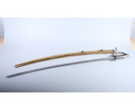 A 19th century cavalry sabre with curved blade and steel guard, blade 35" long, in a brass scabbard