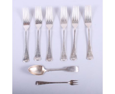 A set of six silver forks, John Round, Sheffield, a silver pickle fork and a Scottish silver spoon
