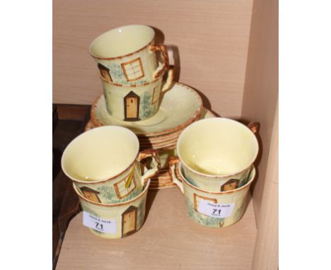 A cottage ware part teaset, a pair of Delftware vases and other decorative china, glass, brass, etc