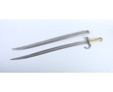 A 19th century French sword bayonet with brass handle, blade, 22 1/2" long, in steel scabbard (end with dent)