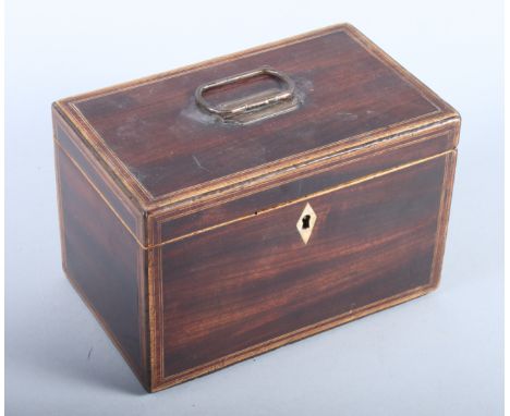 A Regency mahogany and strung two-division tea caddy with brass carrying handle, 8" wide