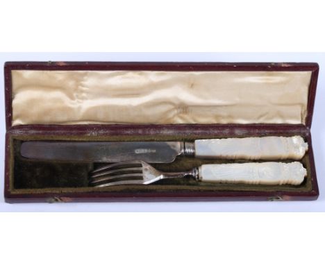 A Georgian silver and carved mother-of-pearl handled christening knife and fork, George Hardisty, Sheffield 1829, in original