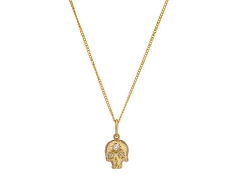 An 18ct gold old-cut diamond skull pendant, with rose-cut diamond eyes, suspended from a yellow metal chain, estimated total 