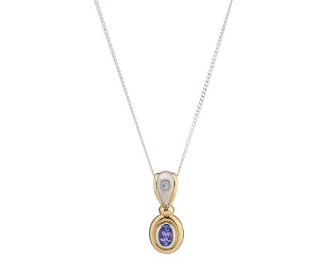 A 14ct bi-colour gold oval-shape tanzanite pendant, with brilliant-cut diamond accent tapered surmount, suspended from a whit