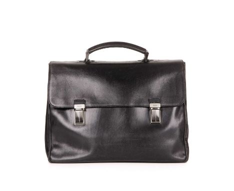 Prada, a black leather briefcase, crafted from smooth black leather, featuring brushed gunmetal hardware, a rear zip pocket, 
