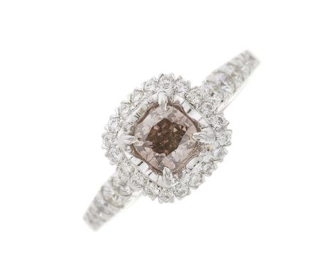 An 18ct gold cushion-shape brown diamond and brilliant-cut diamond cluster dress ring, with similarly-cut diamond line should