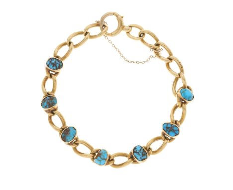 A late Victorian 18ct gold turquoise matrix cabochon bracelet, with spring ring clasp and safety chain, hallmarks for Chester