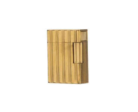 S.T.Dupont, a gold-plated gas lighter, featuring ribbed engine-turned detailing, measuring 0.5 by 1.5 by 1.8cm, with maker's 