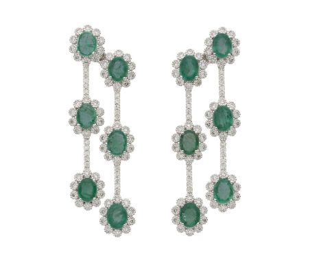 A pair of 18ct gold emerald and diamond cluster chandelier drop earrings, estimated total emerald weight 4ct, estimated total