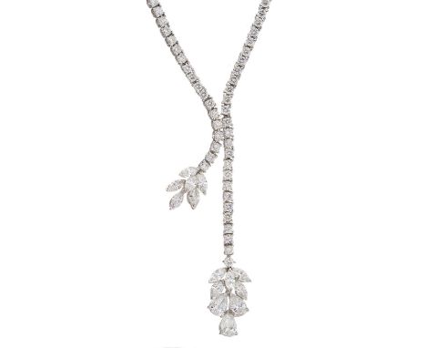 An 18ct gold diamond necklace, designed as two vari-cut diamond drops, each suspended from a brilliant-cut diamond line artic