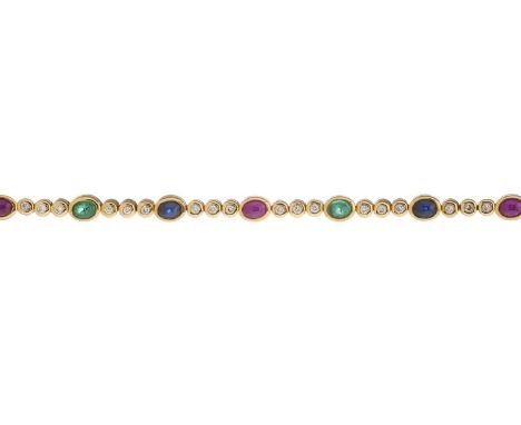 An 18ct gold alternating ruby, emerald and sapphire cabochon line bracelet, with brilliant-cut diamond line spacers and parti