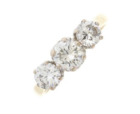 An 18ct gold brilliant-cut diamond three-stone ring, with slightly tapered shoulders, estimated total diamond weight 1.50ct, 