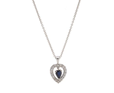 A heart-shape sapphire drop pendant, suspended within a brilliant-cut diamond halo, with tapered surmount and 9ct gold trace-