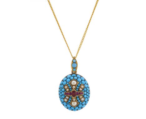 A mid Victorian 15ct gold turquoise cabochon and split pearl locket pendant, with graduated ruby line overlay and vacant glaz
