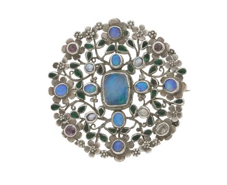 Arthur &amp; Georgie Gaskin, an Arts &amp; Crafts silver, opal cabochon, tourmaline, blister pearl and paste floral openwork 