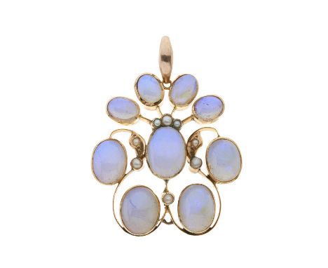 An early 20th century gold, opal cabochon and split pearl foliate openwork pendant, principal opal estimated weight 1.20ct, l