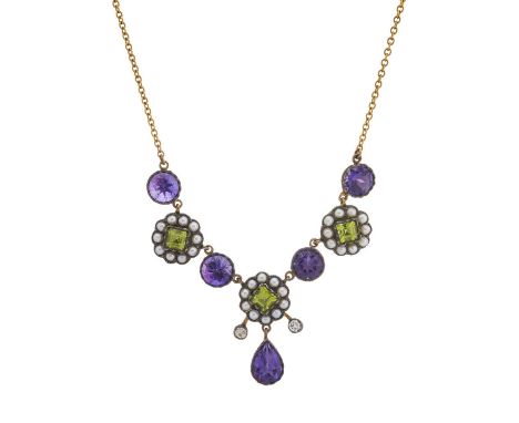 A 9ct gold and silver, peridot and split pearl cluster necklace, with amethyst spacers and brilliant-cut diamond duo highligh