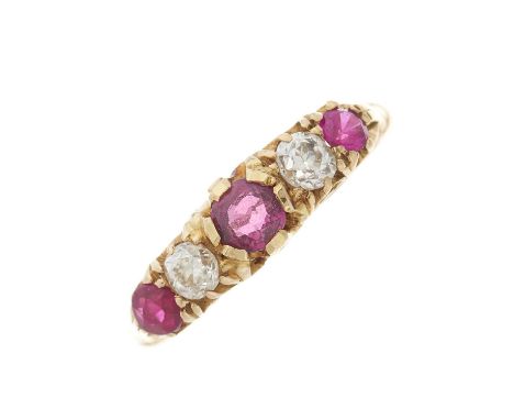 An early 20th century 18ct gold ruby and old-cut diamond five-stone ring, estimated total diamond weight 0.30ct, H-I colour, 