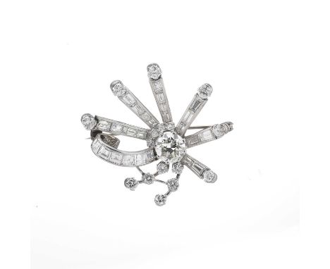 A mid 20th century vari-cut diamond spray brooch, estimated total diamond weight 6ct, principal circular-cut diamond estimate