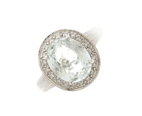 An 18ct gold aquamarine and single-cut diamond cluster ring, with tapered and grooved shoulders, aquamarine estimated weight 