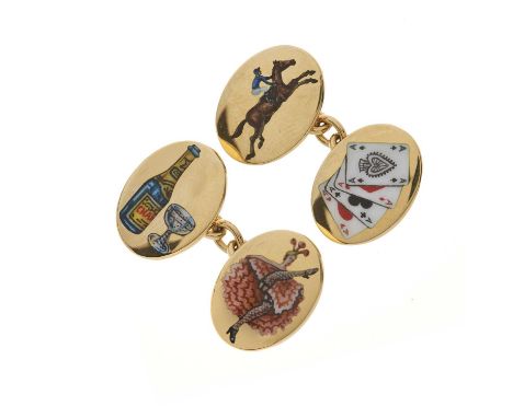 A pair of 18ct gold polychrome enamel four vices cufflinks, each designed to depict one of the four vices: gambling, cards, w