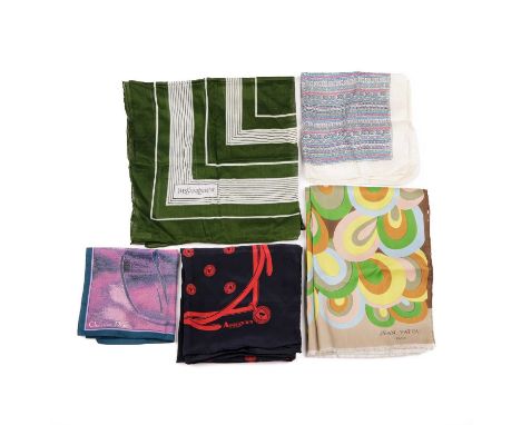 A selection of designer scarves and handkerchiefs, to include a navy blue and red silk scarf by Aquascutum, a green and white