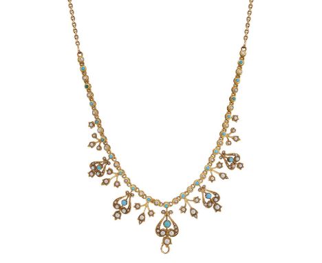 An Edwardian 15ct gold turquoise cabochon and split pearl fringe necklace, with later trace-link back chain and barrel clasp,