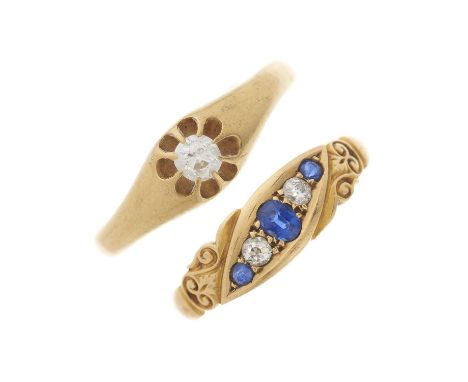 Two 18ct gold sapphire and diamond rings, to include an old-cut diamond single-stone band ring, together with a sapphire and 