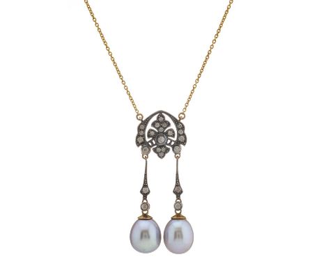 A 9ct gold and silver, grey cultured pearl double drop pendant, with brilliant-cut diamond surmount and spacer, suspended fro