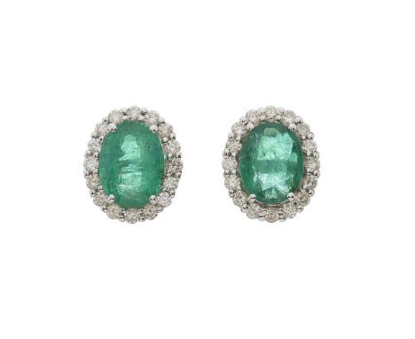 A pair of 18ct gold emerald and brilliant-cut diamond cluster stud earrings, estimated total emerald weight 3.30ct, estimated