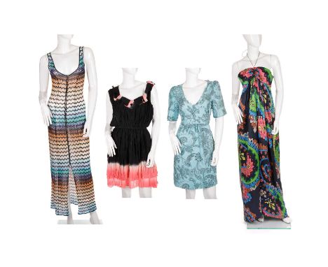 Four designer dresses, to include two silk dresses by Matthew Williamson, a multicoloured chevron knit sleeveless dress by Mi