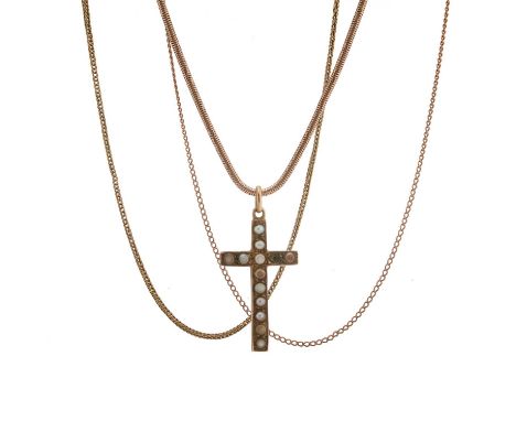 Three 9ct gold chains, one suspending a 9ct gold split pearl cross pendant, marks to indicate 9ct gold, lengths of chains 56 
