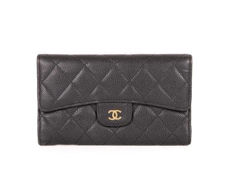 Chanel, a quilted wallet, featuring a diamond quilted black caviar leather exterior, with a rear patch pocket, gold-tone CC f