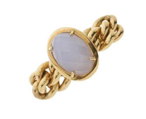 An 18ct gold blue chalcedony ring, with curb-link articulated band, Italian marks, ring size N, 12.1gOverall good conditionCh