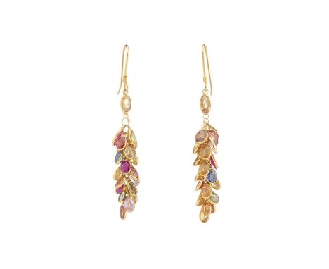 A pair of 14ct gold vari-hue sapphire fringe earrings, with orange sapphire surmount and hook fittings, length 5.1cm, 3.5gOve