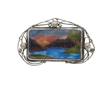 George Hunt, an Arts &amp; Crafts silver and polychrome enamel landscape brooch, with blister pearl accent foliate openwork s