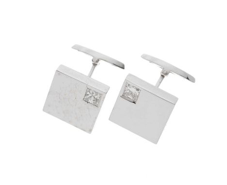 A pair of 18ct gold cufflinks, each designed as a square-shape panel, with similarly-shaped diamond single-stone highlight, e