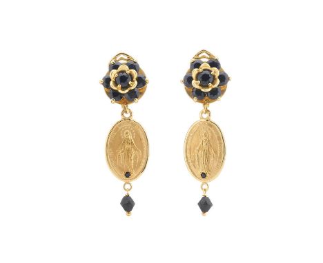 Dolce &amp; Gabbana, a pair of 18ct gold black diamond Miraculous Madonna drop earrings, with black diamond floral cluster su