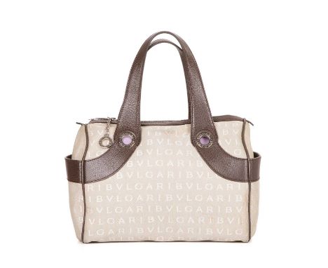 Bulgari, a mini Boston bag, featuring the maker's monogram logo patterned canvas exterior, with grained brown leather trim, t