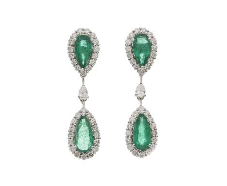 A pair of 18ct gold emerald and diamond pear-shape cluster drop earrings, each with similarly-designed surmount and pear-shap