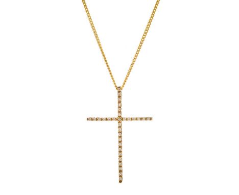 An 18ct gold brilliant-cut diamond cross pendant, suspended from a yellow metal chain, estimated total diamond weight 0.30ct,