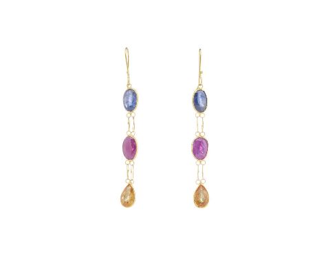 A pair of 14ct gold vari-hue sapphire drop earrings, with hook fittings, length 4cm, 0.9gOverall good conditionStones in good