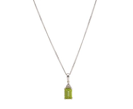An 18ct gold peridot single-stone pendant, with brilliant-cut diamond trio surmount, suspended from an 18ct gold curb-link ch