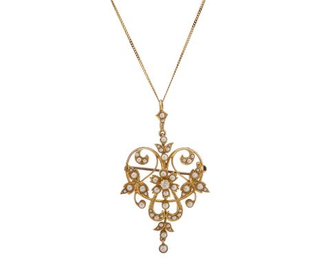 A late Victorian 15ct gold old-cut diamond and split pearl floral openwork pendant, suspended from a later 9ct gold chain, pe