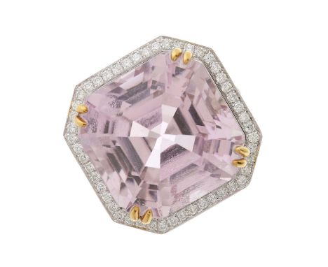 An 18ct gold kunzite and brilliant-cut diamond cocktail cluster ring, with similarly-cut diamond line shoulders, kunzite weig