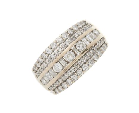 An 18ct gold vari-cut diamond dress ring, with tapered band, total diamond weight 1ct, engraved to band, diamonds estimated p