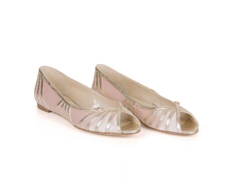 Christian Dior, a pair of unworn open-toe ballerina pumps, designed with pale pink satin uppers, pale gold leather trim, and 