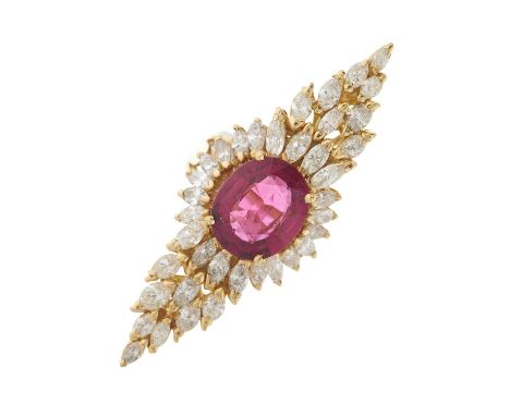 An 18ct gold pink tourmaline and marquise-shape diamond cocktail dress ring, tourmaline estimated weight 3.50ct, estimated to